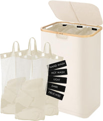 160L Laundry Sorter Hamper with Lid, 3 Section Extra Large Dirty Clothes Basket with Handles, 3 Removable Liner Bags & Labels, Beige