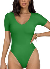 REORIA 2025 New Short Sleeve Women's Bodysuits V Neck Seamless Going Out Basic Thong Bodysuit tshirt bodysuit