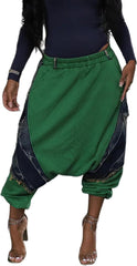 Women's Harem Denim Pants Elastic Waist Loose Cropped Cargo Barrel Jeans Casual Patchwork Ripped Trousers Pockets