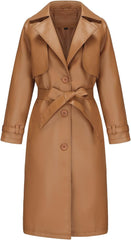 utcoco Womens Faux Leather Long Trench Coat Notched Lapel Single Breasted PU Blazer Coats Overcoat with Belt