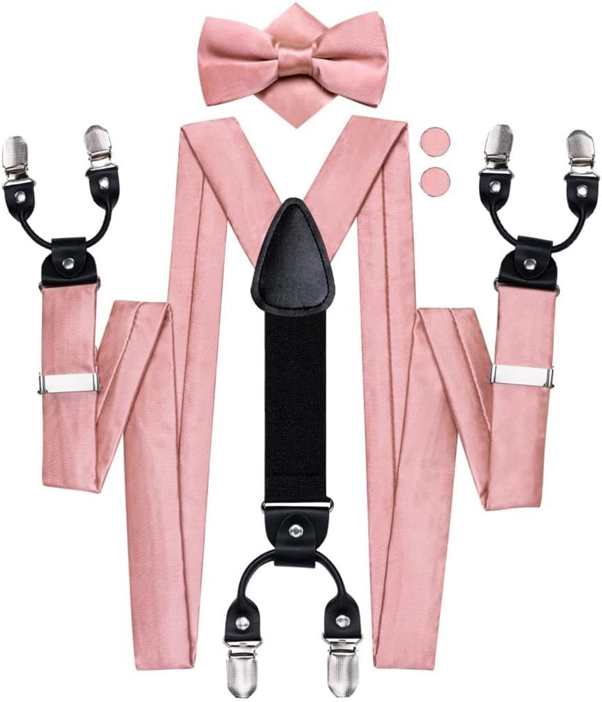 Silk Mens Suspenders Bowtie Hanky Cufflinks Set Adjustable 6 Clip on Braces f Male Pants Gift