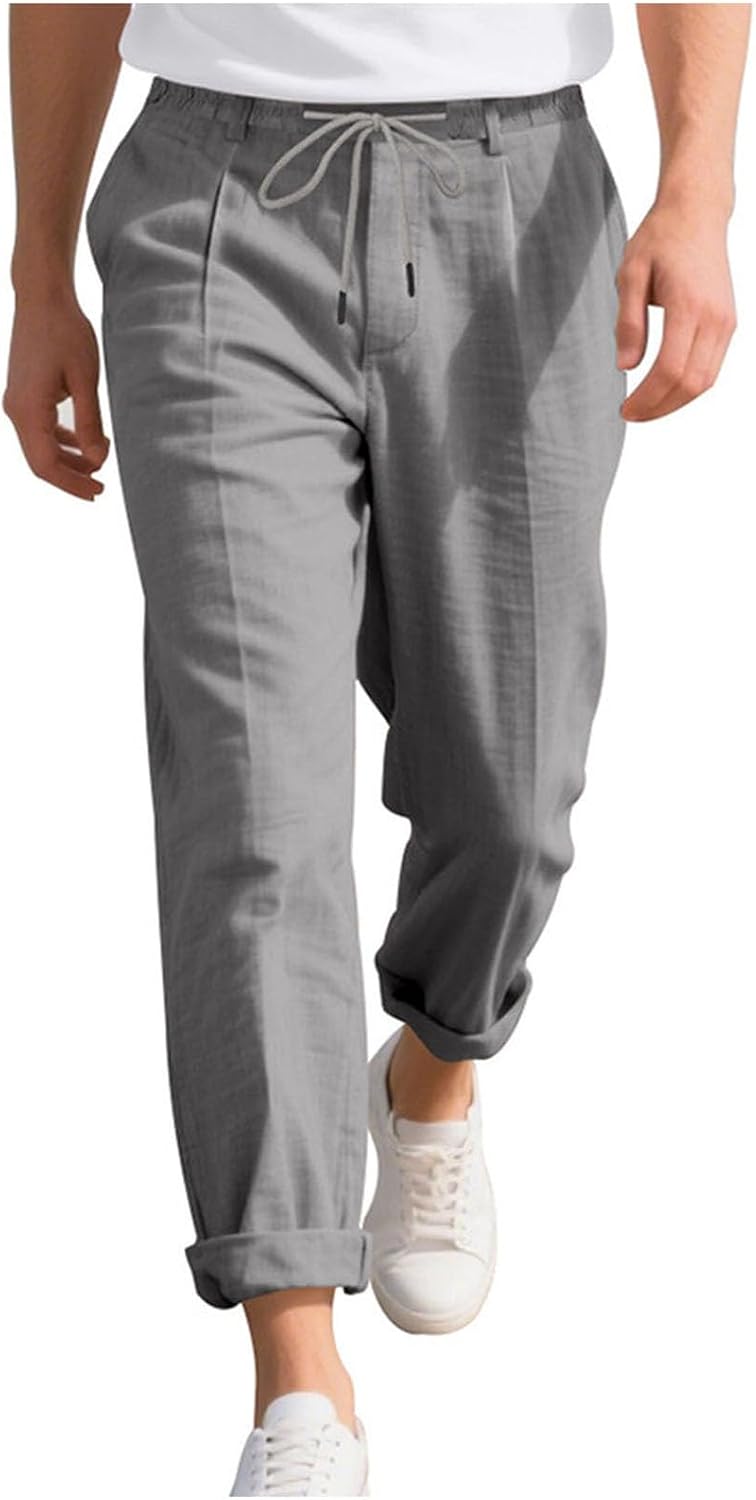 Zeiyignr Mens Casual Cotton Linen Pants Plain Loose Fit Elastic Drawstring Waist Straight-Legs Summer Yoga Beach Long Pants