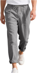 Zeiyignr Mens Casual Cotton Linen Pants Plain Loose Fit Elastic Drawstring Waist Straight-Legs Summer Yoga Beach Long Pants