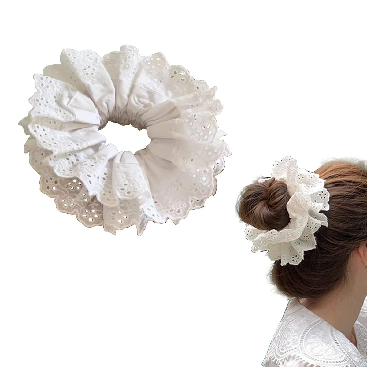 Hair Ties for Women Hair Scrunchies Girls 1 Piece Set White Lace Design Premium Fabric Ponytail Holder Hair Tie (White)