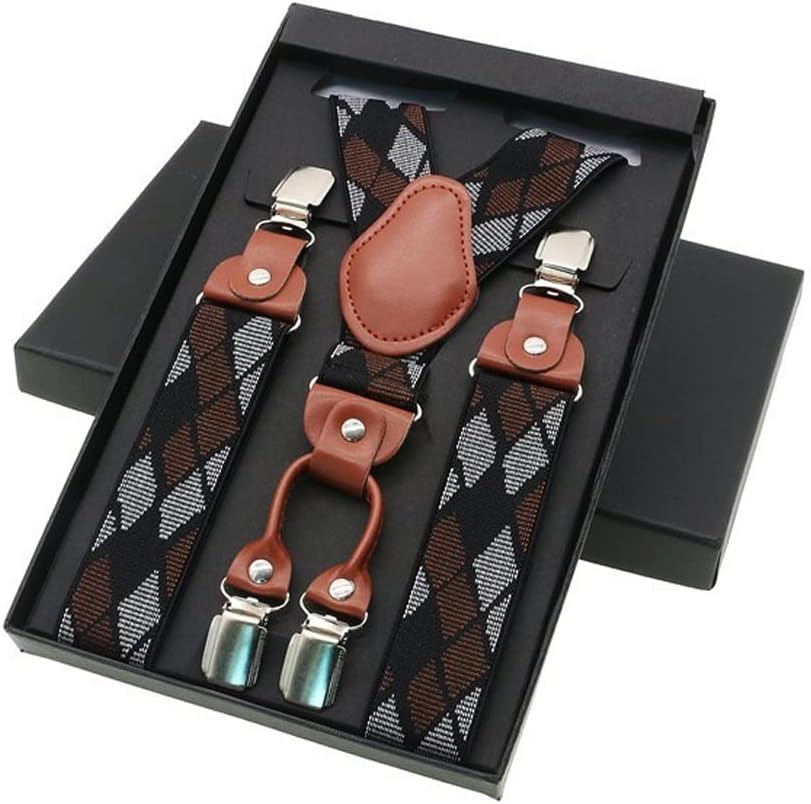 Unisex Vintage Casual Trousers Strap Husband's Gift Leather Alloy Braces Male 4 Clips Suspenders