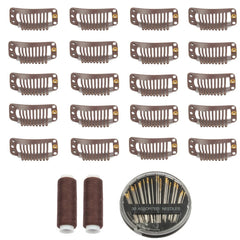 30pcs Hair Extension Clips U-Shape Stainless Steel Snap Clips for Wigs and Hair Extensions and Hairpieces, 30 Assorted Sewing Needles and 2 Rolls Thread (Light Brown)