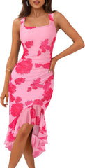 MEROKEETY Women's Summer Floral Bodycon Dress Square Neck Sleeveless Ruffle Hem Cocktail Mesh Midi Dress