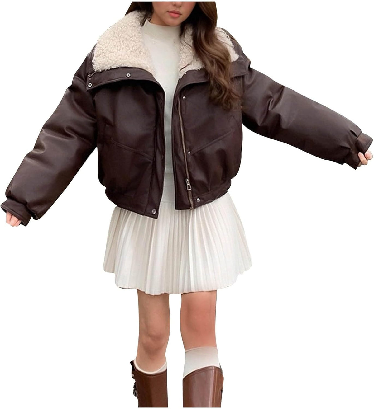 Sherpa Jacket for Women Winter Warm Coat Fleece Lined Coat PU Winter Jacket Plus Size Sherpa Casual Outwear
