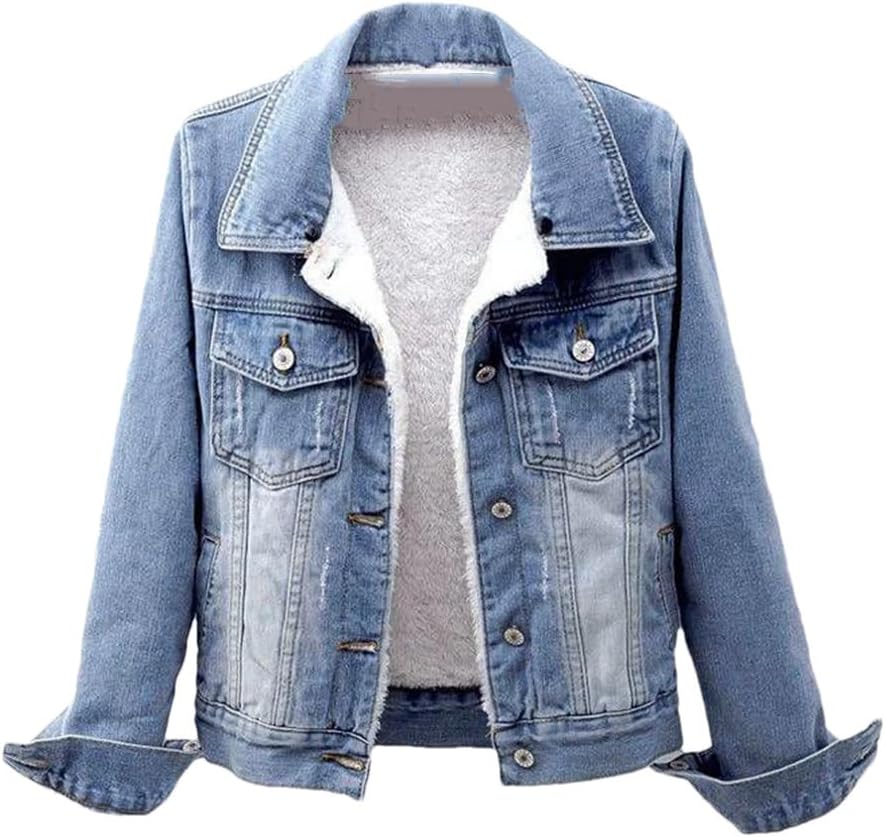 Women’S Denim Jacket Fleece Warm And Versatile Solid Turn-Down Collar Outerwear