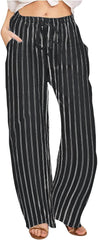 Women Wide Leg Pants High Waisted Trousers Striped Linen Palazzo Lounge Beach Cover Ups Flowy Long Pant with Pockets
