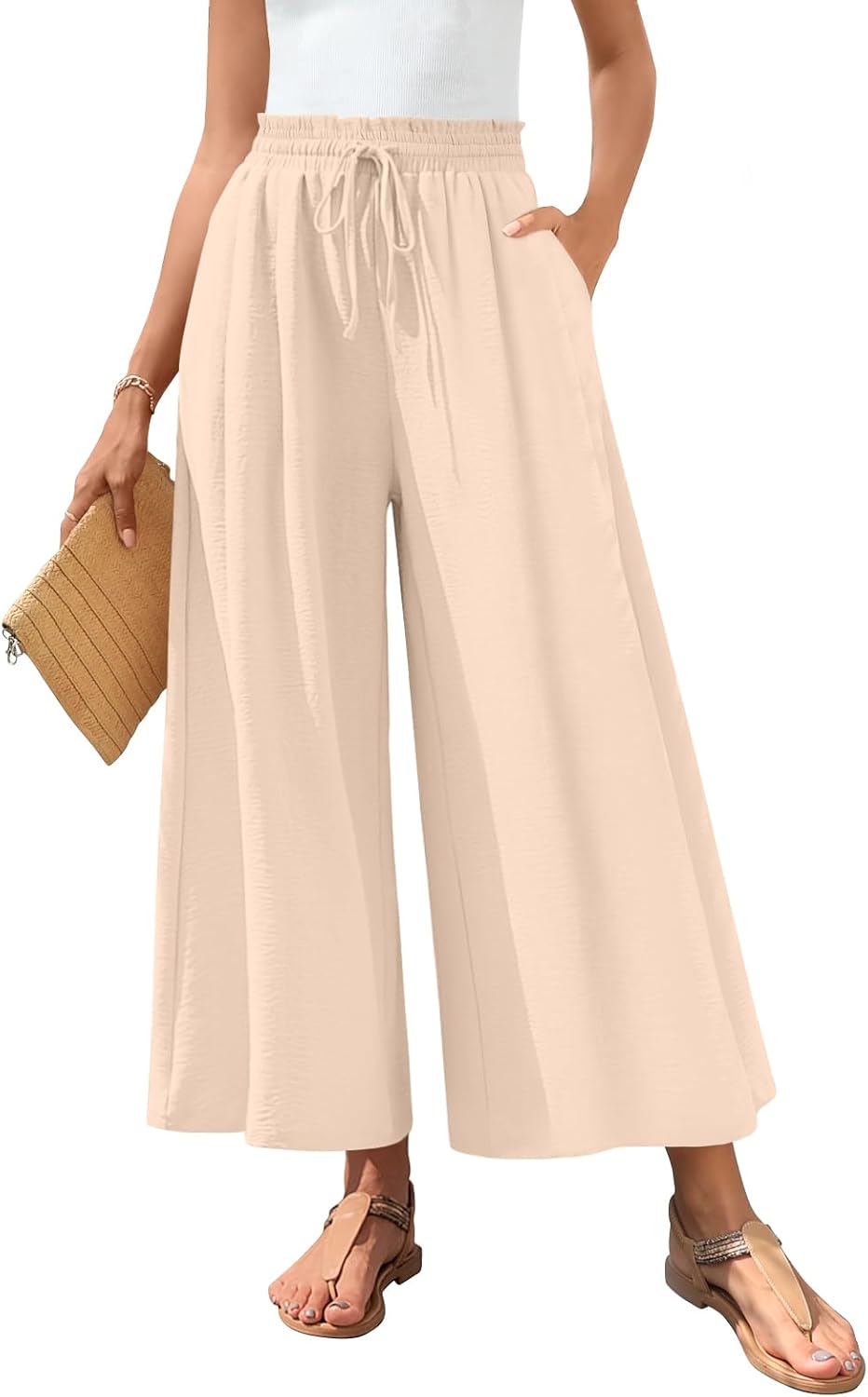 Bestbee Women's Palazzo Pants Dressy Casual Wide Leg Slacks Elastic Waist with Pockets