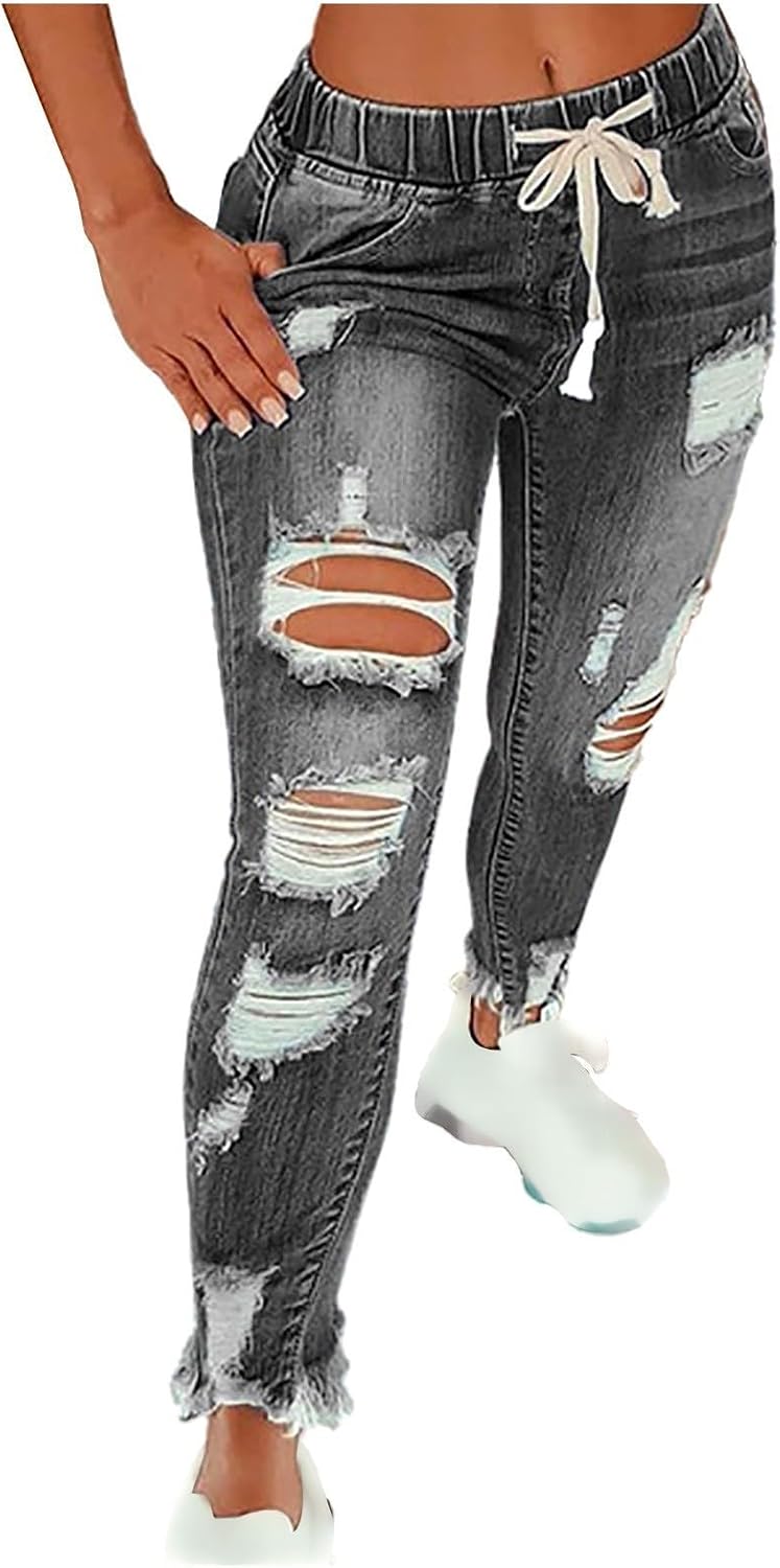 Distressed Jeans for Women Skinny Straight Leg Elastic Waist Denim Pants Y2k Stretchy Curvy Ripped Jeans with Pockets