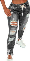 Distressed Jeans for Women Skinny Straight Leg Elastic Waist Denim Pants Y2k Stretchy Curvy Ripped Jeans with Pockets