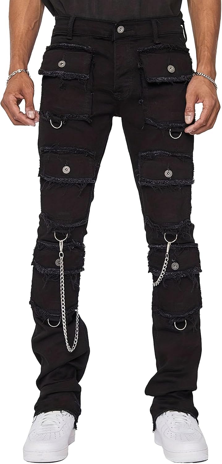 Men's Moto Biker Multiple Pockets Slim Jeans Hip hop Tapered Leg Tight Fit Denim Jean Skinny Practical Punk Gothic Jean