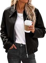 Leather Jackets for Women Fall Winter Zip Up Motorcycle Coats Long Sleeve Motor Biker Short Coat Jacket Outerwear