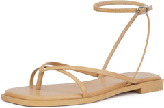 Womens Flats Sandals Square Toe Strappy Ankle Strap Flats