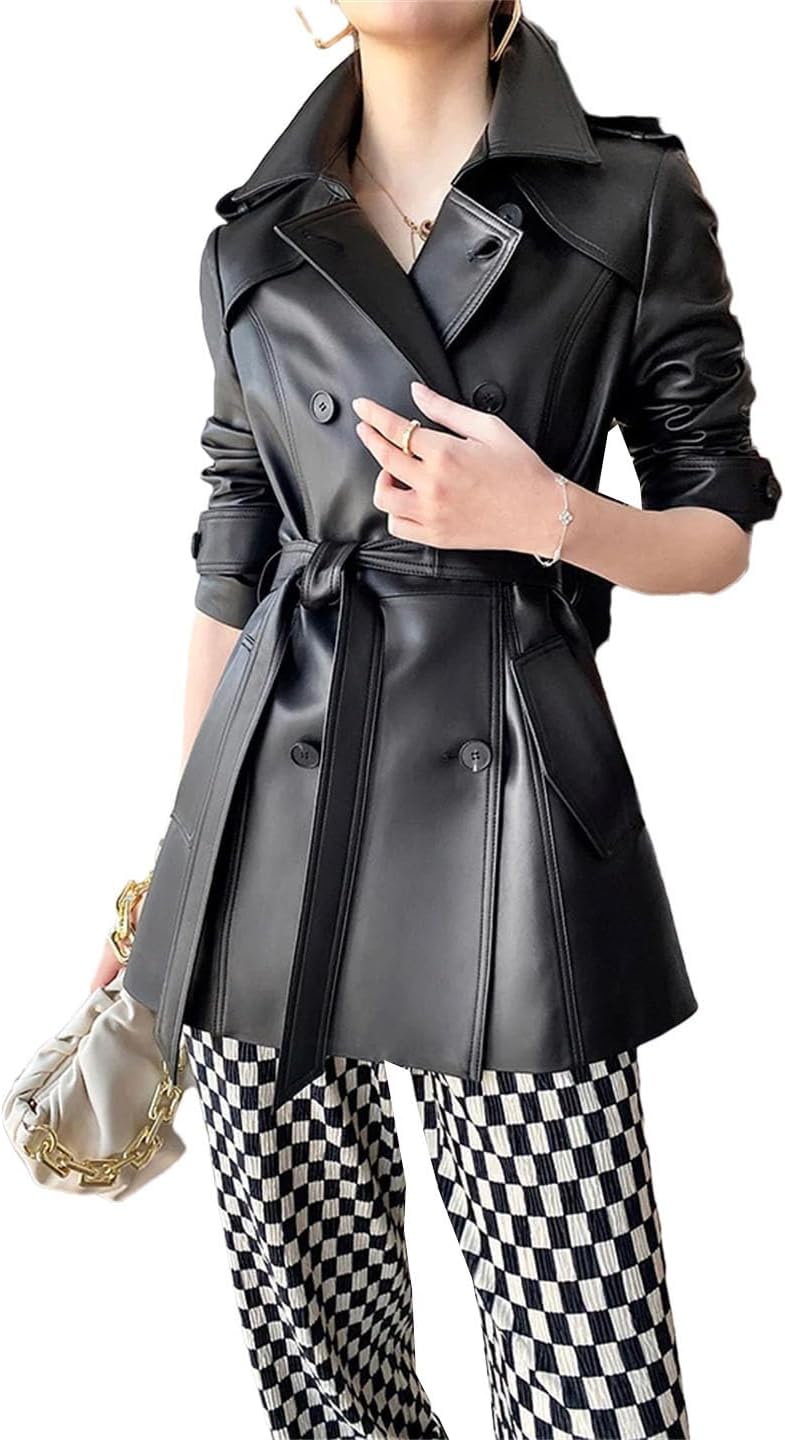 Women Spring Double Breasted Belt British Elegant Soft PU Leather Trench Coat