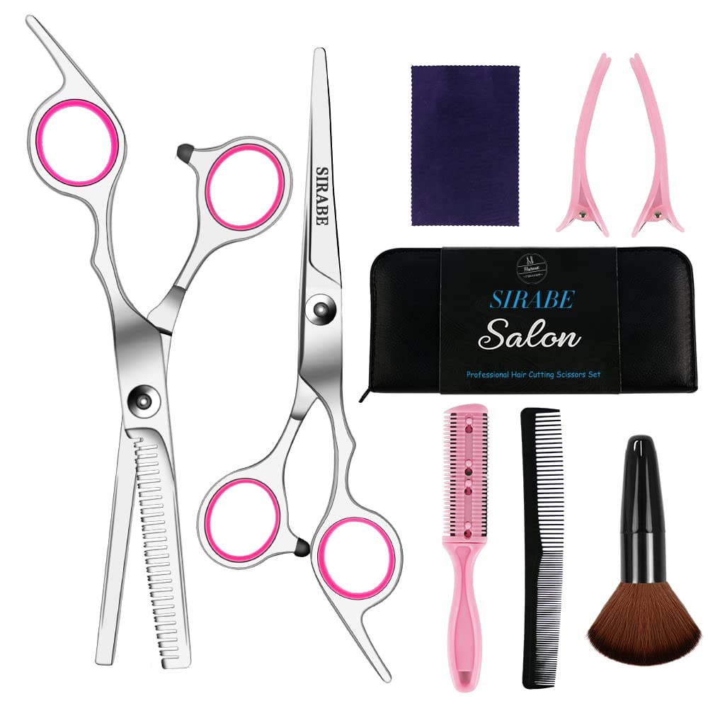 Sirabe 10 PCS Hair Cutting Scissors Set, Professional Haircut Scissors Kit with Cutting Scissors, Thinning Shears, Comb, Cape, Clips, Black Hairdressing Texturizing Shears Set for Barber, Salon, Home