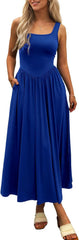 Women's Summer Maxi Dress 2025 - Sleeveless Square Neck Casual Beach Sundress with Pockets, Flowy Patchwork Knit