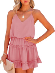 Newffr Womens V Neck Summer Mini Dress Sleeveless Ruffle Spaghetti Strap Racerback Flowy Beach Vacation Sundresses