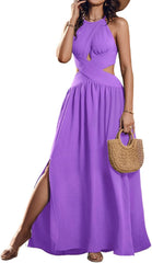 CHICME Women's Sleeveless Halter Neck Dress Criss Cross Tie Back Split High Maxi Dress