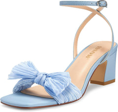ISNOM Women's Bow Knot Heeled Sandals Ankle Buckle Strap Open Toe Block Chunky Heels Bride Wedding Party Fashion Heel