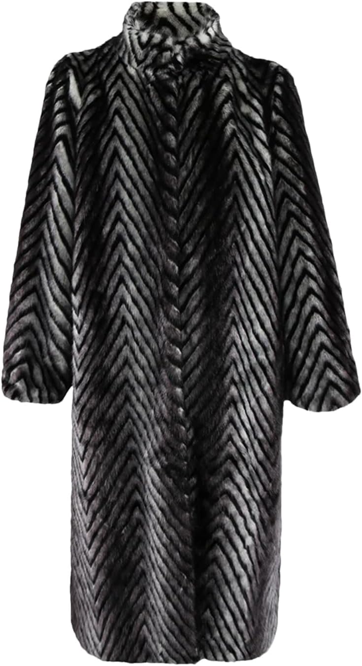 Women Long Thick Warm Soft Gradient Faux Mink Fur Coat Stand Collar Elegant Chic Fluffy Furry Overcoat
