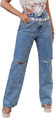 ZERMOM Women's Ripped Skinny Jeans Stretch Mid Rise Straight Leg Denim Pants