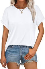 WEESO Womens T Shirts Crew Neck Rolled Short Sleeve Basic Summer Tops 2025 Casual Tees Curved Hem