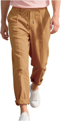 Zeiyignr Mens Casual Cotton Linen Pants Plain Loose Fit Elastic Drawstring Waist Straight-Legs Summer Yoga Beach Long Pants