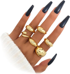 Golden Chunky Rings for Women Non Tarnish 14k Stackable Dome Statement Rings Sets Vintage Dainty Knuckle Open Midi Finger Rings Jewelry Pack for Gifts
