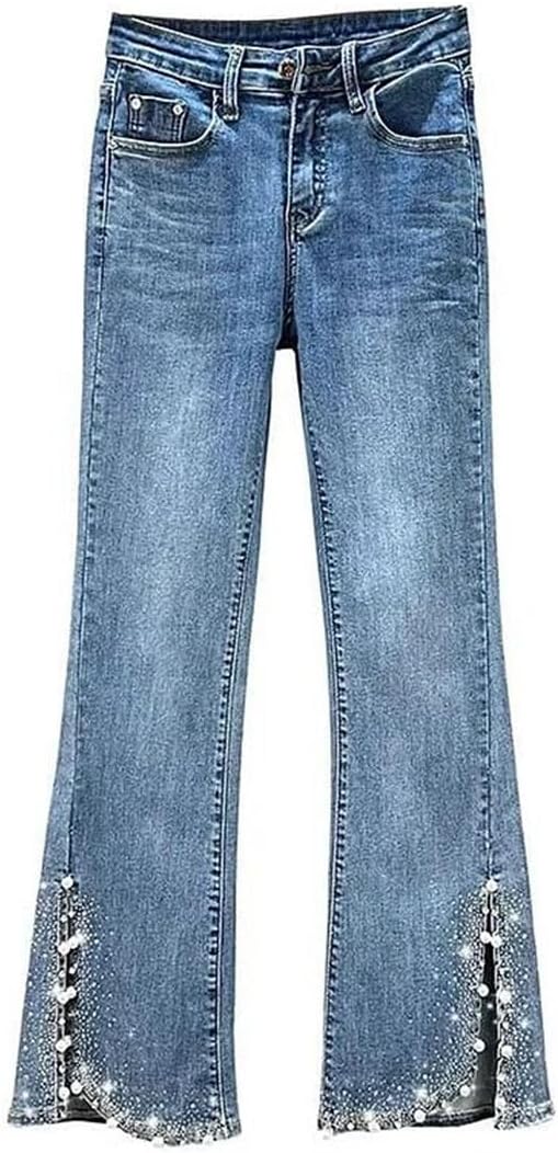 Women Flared Jeans with Slit Beading High Waist Diamond Decor Elegant Denim Pants for Daily Outfits
