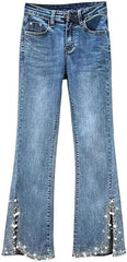 Women Flared Jeans with Slit Beading High Waist Diamond Decor Elegant Denim Pants for Daily Outfits