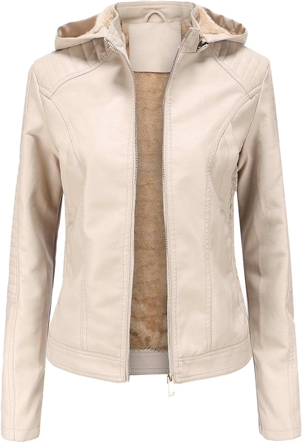 Women's Winter Warm Sherpa Lined Faux Leather Cropped Coat with Detachable Sherpa Hood