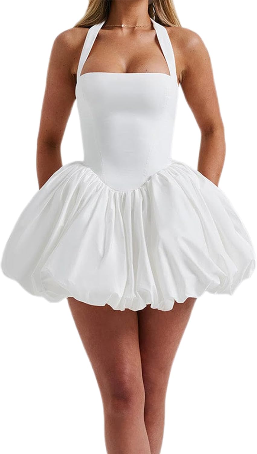 Women Bubble Mini Dress Cute Tie up Backless Sleeveless Party Short Graduation Dress Summer Dress