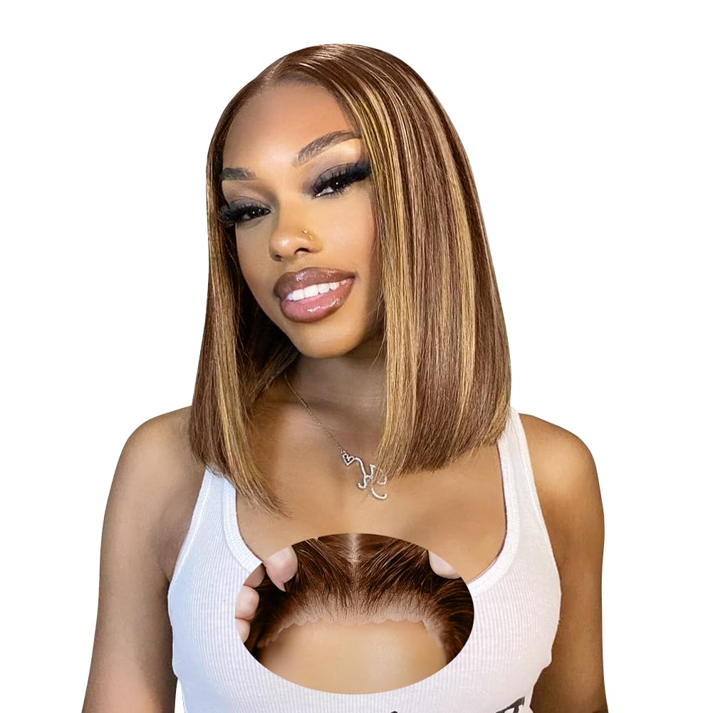 Bob Wigs Human Hair Glueless Wear and Go 14 Inch 9x6 HD Lace Closure Wig Short Bob Glueless Wig Human Hair Pre Plucked Pre Cut Black Pre Bleached Ready to Wear Wig 200% Density for Women
