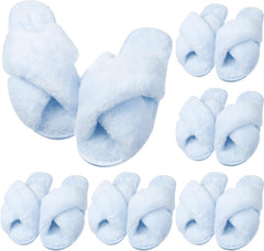 VAIPI 6 Pairs Womens Cross Band Slippers Fuzzy Plush House Bridesmaid Slipper White | Black | Pink Open Toe Fluffy Slipper Soft Warm Bridal Slippers