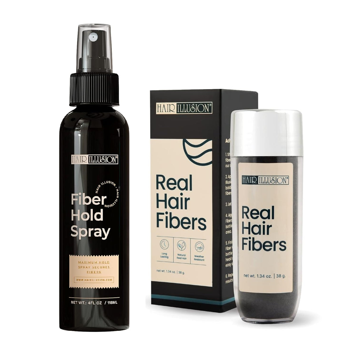 Hair Illusion Black Real Hair Fibers for Thinning Hair - 100% Natural Texture, Non Synthetic Hair Fibers - Bald Spot Cover Up for Women & Men - 38 Gram