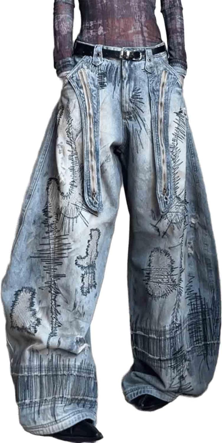 BXCNCKD Women's Retro Street Loose Slimming Wide Leg Pants Embroidered Pattern Jeans Curved Knife Pants