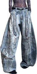 BXCNCKD Women's Retro Street Loose Slimming Wide Leg Pants Embroidered Pattern Jeans Curved Knife Pants