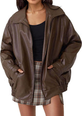 Faux Leather Jacket for Women Oversized Lapel Long Sleeve Jackets Zip Up Bomber Coats Fashion Motorcycle Coats