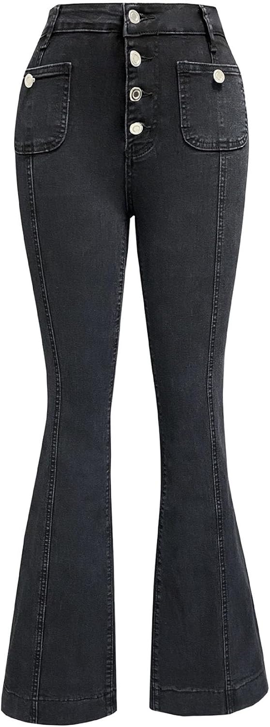 Women's Flare Bell Bottom High Waist Jeans Y2k Vintage Stretch Bootcut Denim Flap Pocket Trouser with Multi-Buttons