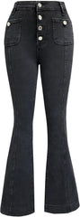 Women's Flare Bell Bottom High Waist Jeans Y2k Vintage Stretch Bootcut Denim Flap Pocket Trouser with Multi-Buttons