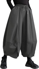ellazhu Women's Puffy Drawstring Elastic Waist Drop Crotch Hakama Harem Wide Leg Pants GZ81 A