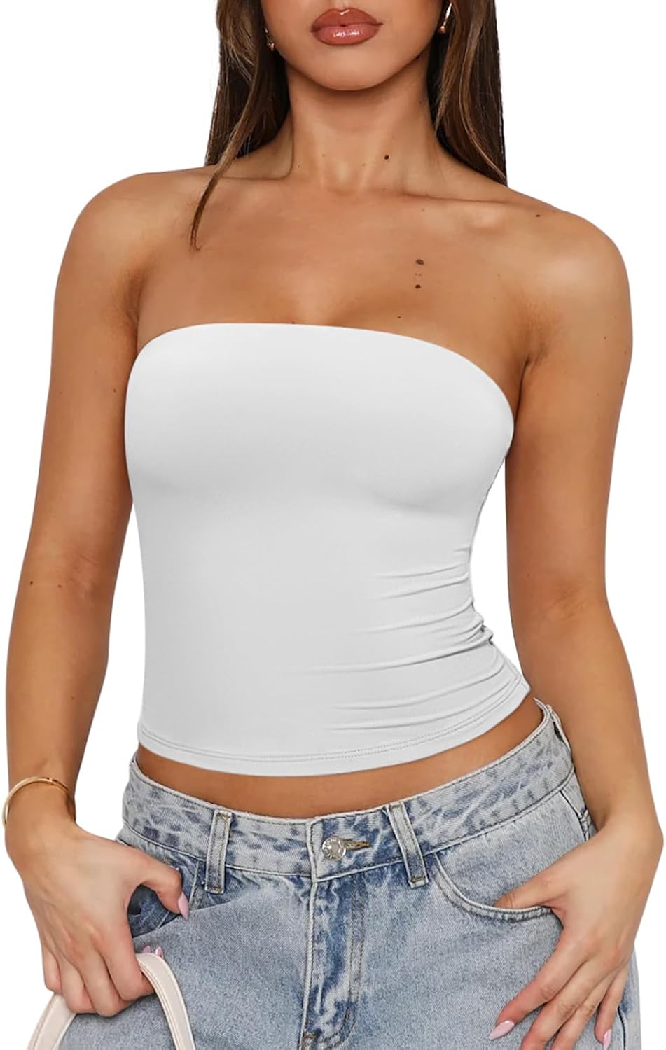 REORIA Women's Y2K Strapless Backless Tube Top Double Lined Sleeveless Crop Tank Top for Summer 2025 Going Out