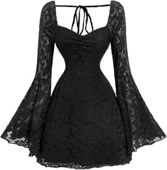 WDIRARA Women's Floral Jacquard Mesh Gothic Dress Bell Long Sleeve A Line Vintage Dresses