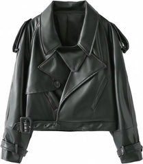 2024 Women's Elegant Vintage Leather Jacket - Long Sleeve, Turn-down Collar, Stylish Moto Design for Chic Outfits.