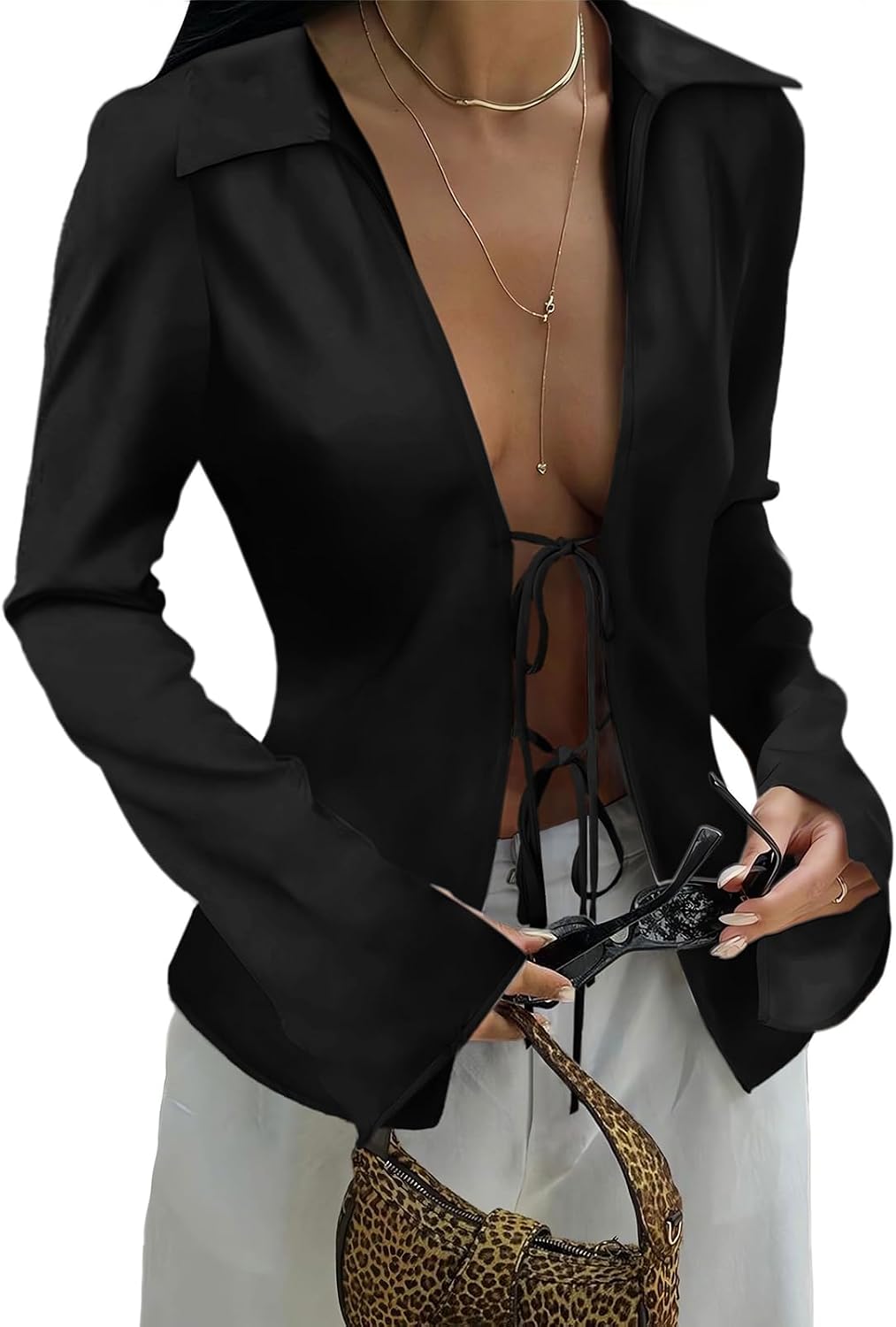 Cicy Bell Womens Sexy Tie Front Shirts Deep V Neck Silk Club Tops Long Sleeve Y2k Going Out Blouse