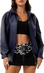 Women's Lapel Long Sleeved Faux Leather Jacket Vintage Solid Long Sleeve PU Cardigan Coat