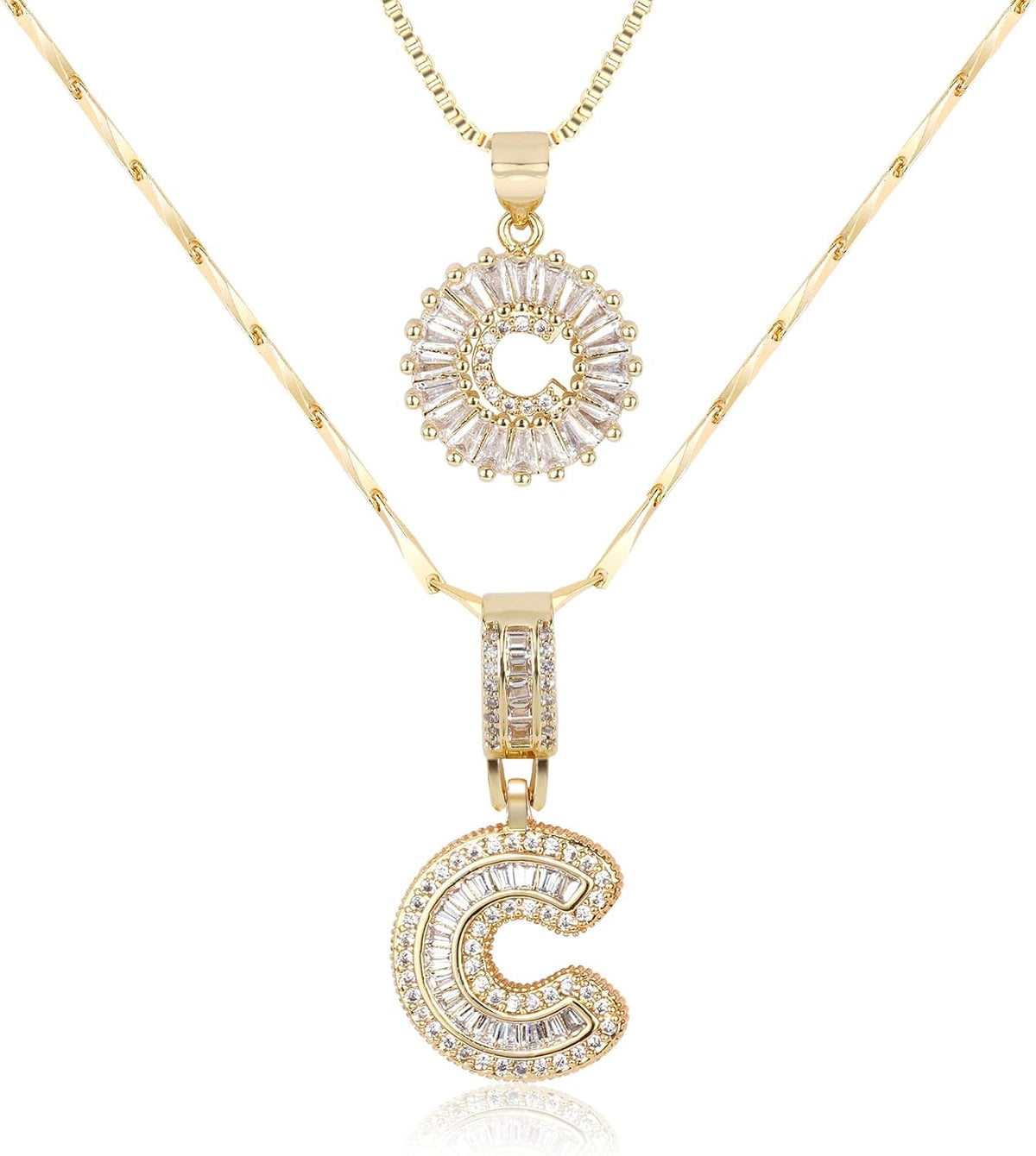Letter Necklace 14k Gold Plated Bling Dainty Necklaces Trendy Chunky Custom Name Necklace Personalized Round Circle Pendant Zirconia Letters Name Crystal Jewelry Gifts for Women